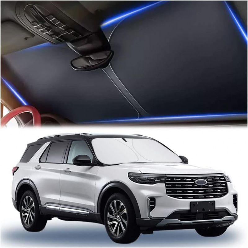 Car Windshield Sun Shade, Foldable Memory Metal Frame with Hook and Loop Strips, Front Window Protection
