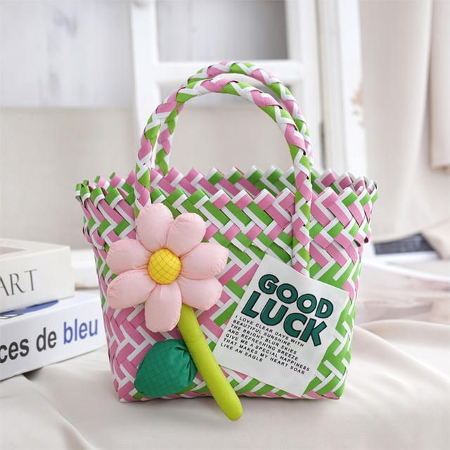 Handwoven Fresh PP Tote Bag with Upright Square Structure & Flower Deco, Durable Mini Spring Picnic Basket and Favour Handbag 16x16x9cm, Green Pink Contrastion