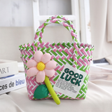 Handwoven Fresh PP Tote Bag with Upright Square Structure & Flower Deco, Durable Mini Spring Picnic Basket and Favour Handbag 16x16x9cm, Green Pink Contrastion