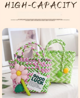 Handwoven Fresh PP Tote Bag with Upright Square Structure & Flower Deco, Durable Mini Spring Picnic Basket and Favour Handbag 16x16x9cm, Green Pink Contrastion