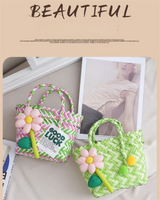 Handwoven Fresh PP Tote Bag with Upright Square Structure & Flower Deco, Durable Mini Spring Picnic Basket and Favour Handbag 16x16x9cm, Green Pink Contrastion - Side View
