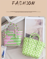 Handwoven Fresh PP Tote Bag with Upright Square Structure & Flower Deco, Durable Mini Spring Picnic Basket and Favour Handbag 16x16x9cm, Green Pink Contrastion