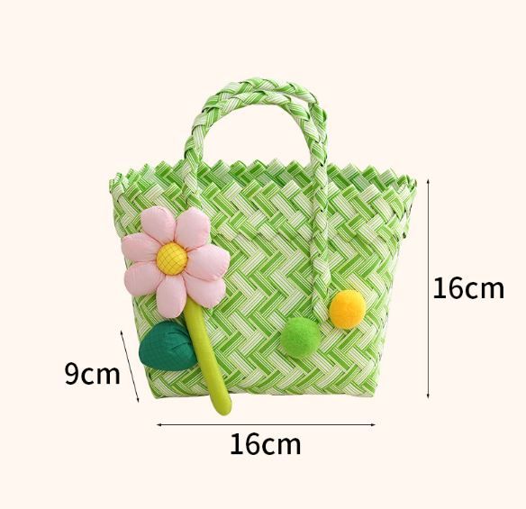 Handwoven Fresh PP Tote Bag with Upright Square Structure & Flower Deco, Durable Mini Spring Picnic Basket and Favour Handbag 16x16x9cm, Green Pink Contrastion
