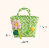 Handwoven Fresh PP Tote Bag with Upright Square Structure & Flower Deco, Durable Mini Spring Picnic Basket and Favour Handbag 16x16x9cm, Green Pink Contrastion - 45-Degree Angle