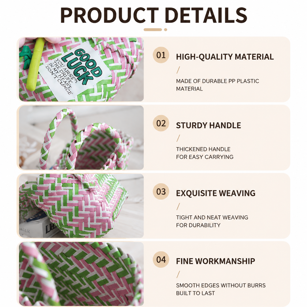 Handwoven Fresh PP Tote Bag with Upright Square Structure & Flower Deco, Durable Mini Spring Picnic Basket and Favour Handbag 16x16x9cm, Green Pink Contrastion