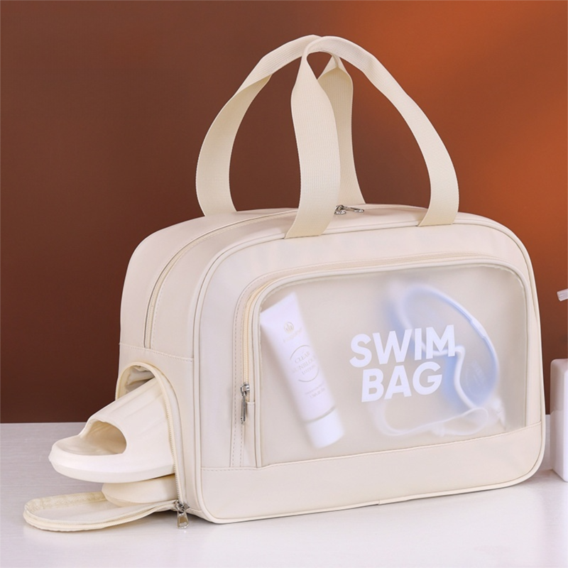 Beige Durable Waterproof Swim Bag with Shoe Compartment & Wet Dry Separation, High-Capacity Travel Tote Bag for Swimming Gym and Beach Trips, 37 x 14.5 x 24cm