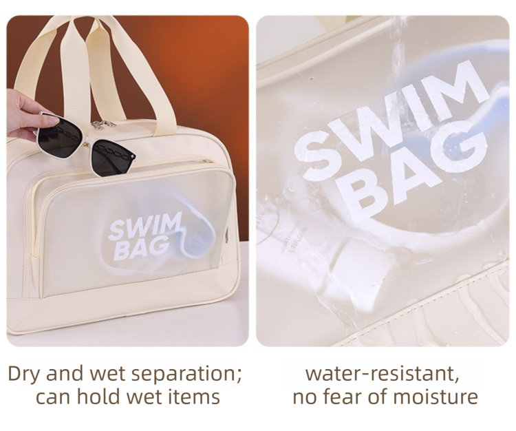 Beige Durable Waterproof Swim Bag with Shoe Compartment & Wet Dry Separation, High-Capacity Travel Tote Bag for Swimming Gym and Beach Trips, 37 x 14.5 x 24cm