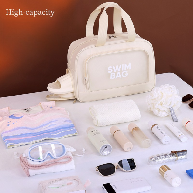 Beige Durable Waterproof Swim Bag with Shoe Compartment & Wet Dry Separation, High-Capacity Travel Tote Bag for Swimming Gym and Beach Trips, 37 x 14.5 x 24cm