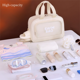 Beige Durable Waterproof Swim Bag with Shoe Compartment & Wet Dry Separation, High-Capacity Travel Tote Bag for Swimming Gym and Beach Trips, 37 x 14.5 x 24cm - Top-Down View