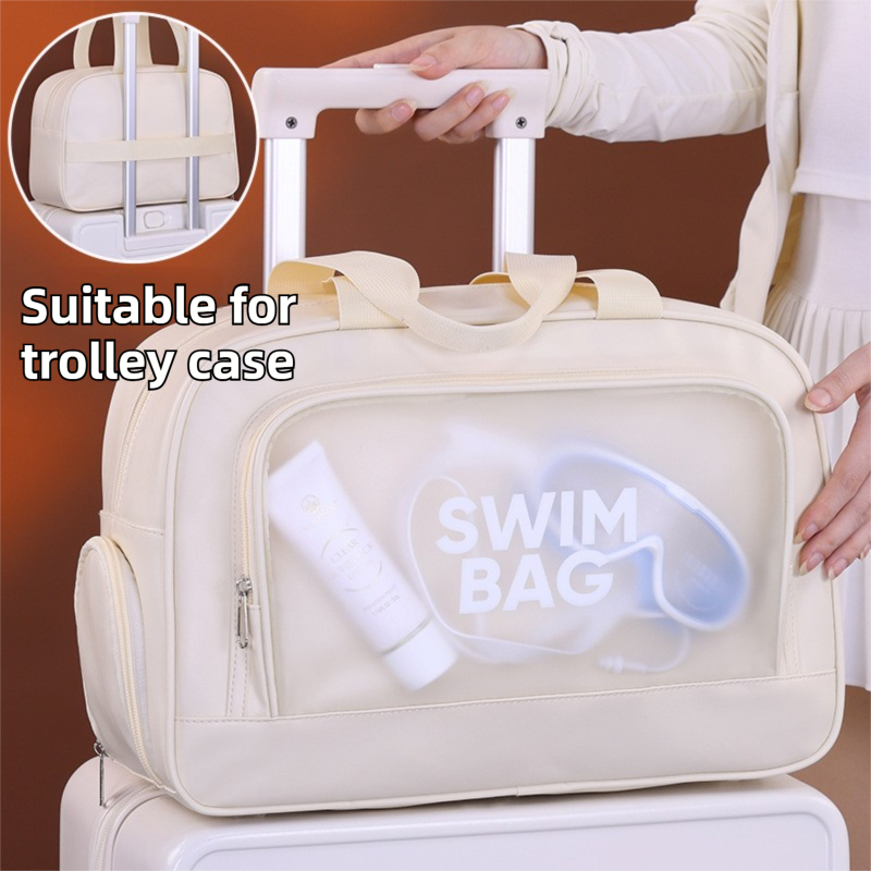 Beige Durable Waterproof Swim Bag with Shoe Compartment & Wet Dry Separation, High-Capacity Travel Tote Bag for Swimming Gym and Beach Trips, 37 x 14.5 x 24cm