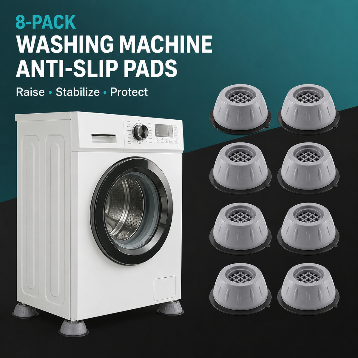 8 Pack Shock Absorbing Support Pads for Washing Machine & Furniture - Universal Nonslip Suction Cup Silent Risers, Tool Free Installation