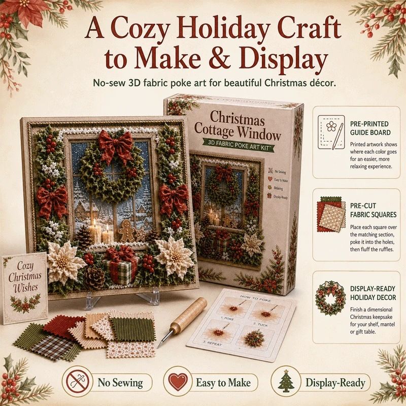 Christmas Snowman 3D Fabric Poke Art Kit - 20 x 20cm No Sew DIY Craft Set with Pre Cut Fabric and Poking Tool, Christmas Handmade Decor and Gift Activity