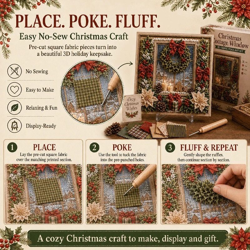 Christmas Snowman 3D Fabric Poke Art Kit - 20 x 20cm No Sew DIY Craft Set with Pre Cut Fabric and Poking Tool, Christmas Handmade Decor and Gift Activity