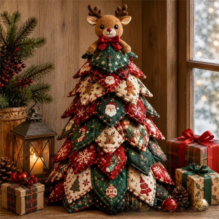 Elk Themed DIY Fabric Quilted Christmas Tree Kit for Handmade Layered Festive Tabletop Tree, Christmas Home Decor and Holiday Craft Gift