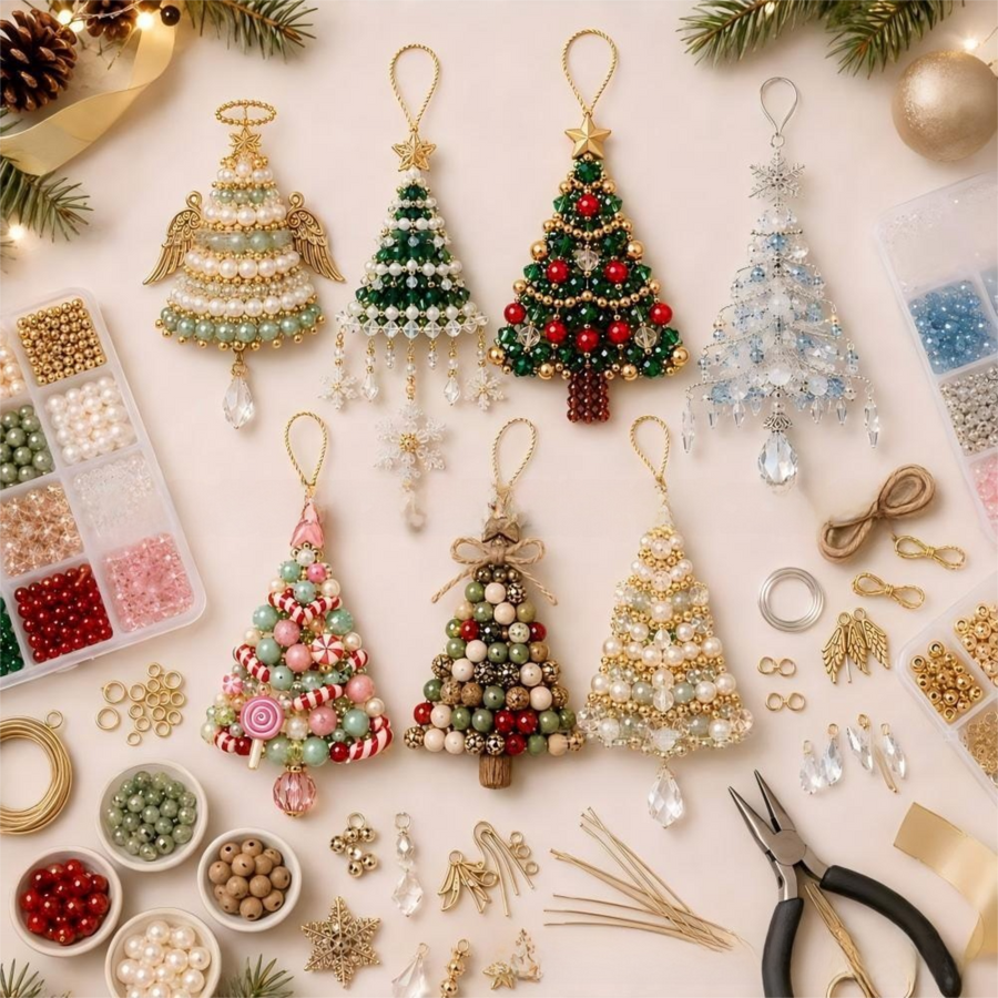 DIY Christmas Tree Beaded Ornament Kit - Ice Crystal Christmas Tree Handmade Bead Craft Hanging Decoration for Gift Making and Holiday Decor