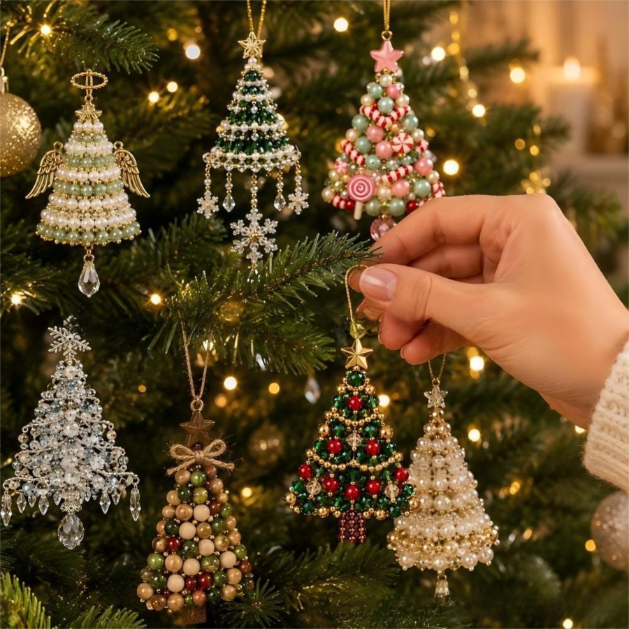 DIY Christmas Tree Beaded Ornament Kit - Candy Christmas Tree Handmade Bead Craft Hanging Decoration for Gift Making and Holiday Decor
