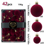 42 Piece Wine Red Flocked Christmas Baubles Set - Velvet Finish Tree Ornaments in 3 Sizes with Hanging Loops, Lightweight Festive Decorations in Gift Box