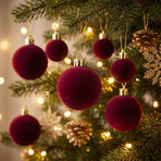 42 Piece Wine Red Flocked Christmas Baubles Set - Velvet Finish Tree Ornaments in 3 Sizes with Hanging Loops, Lightweight Festive Decorations in Gift Box