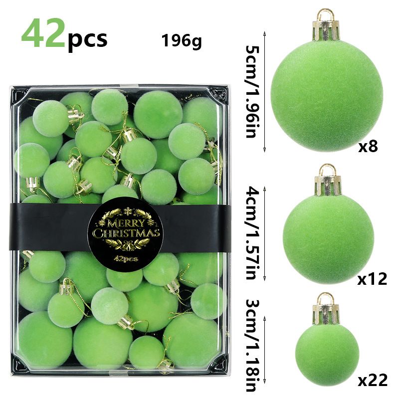 42 Piece Green Flocked Christmas Baubles Set - Velvet Finish Tree Ornaments in 3 Sizes with Hanging Loops, Lightweight Festive Decorations in Gift Box