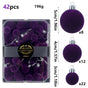 42 Piece Purple Flocked Christmas Baubles Set - Velvet Finish Tree Ornaments in 3 Sizes with Hanging Loops, Lightweight Festive Decorations in Gift Box