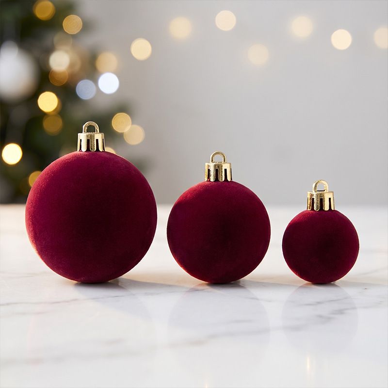 42 Piece Purple Flocked Christmas Baubles Set - Velvet Finish Tree Ornaments in 3 Sizes with Hanging Loops, Lightweight Festive Decorations in Gift Box