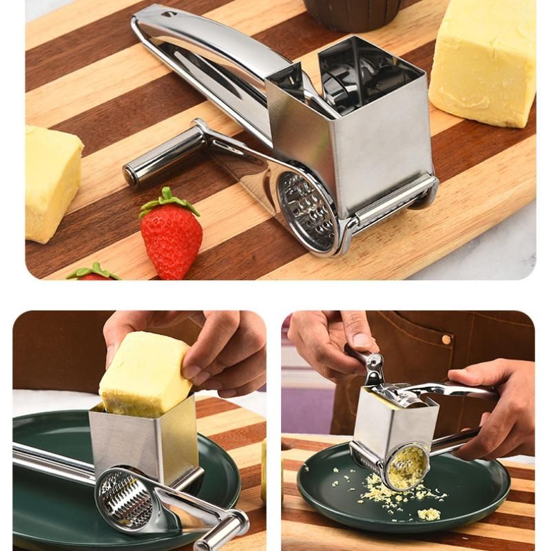Stainless Steel Hand Crank Cheese Grater（Flat-blade planer+3-4 hole planer+5-6 hole planer+7-8 hole planer+9-10 hole planer） - Rotary Drum Shredder for Cheese, Chocolate and Butter - Ergonomic Handle Kitchen Gadget for Home Cooking and Baking