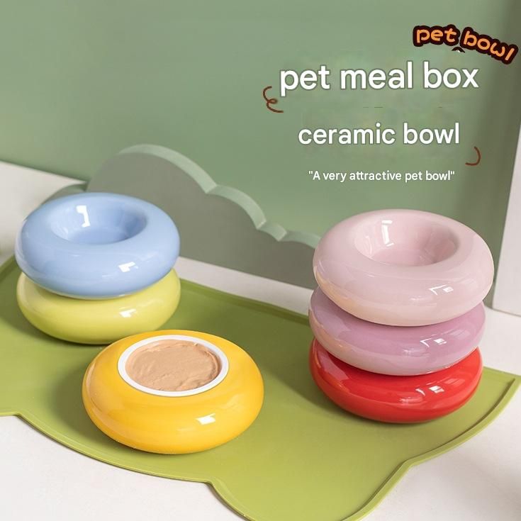 Purple Ceramic Pet Donut Bowl - 50ml  Food Dish for Cats and Small Dogs - Non Slip Base, Easy Clean Glaze, Compact Snack Feeder, Pastel Colours, Home and Travel Use