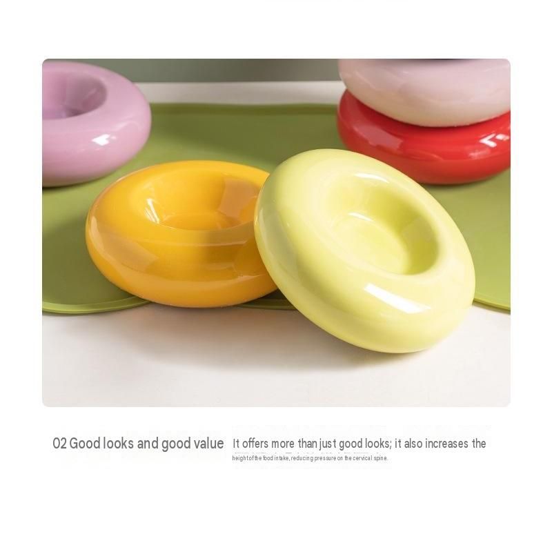 Purple Ceramic Pet Donut Bowl - 50ml  Food Dish for Cats and Small Dogs - Non Slip Base, Easy Clean Glaze, Compact Snack Feeder, Pastel Colours, Home and Travel Use