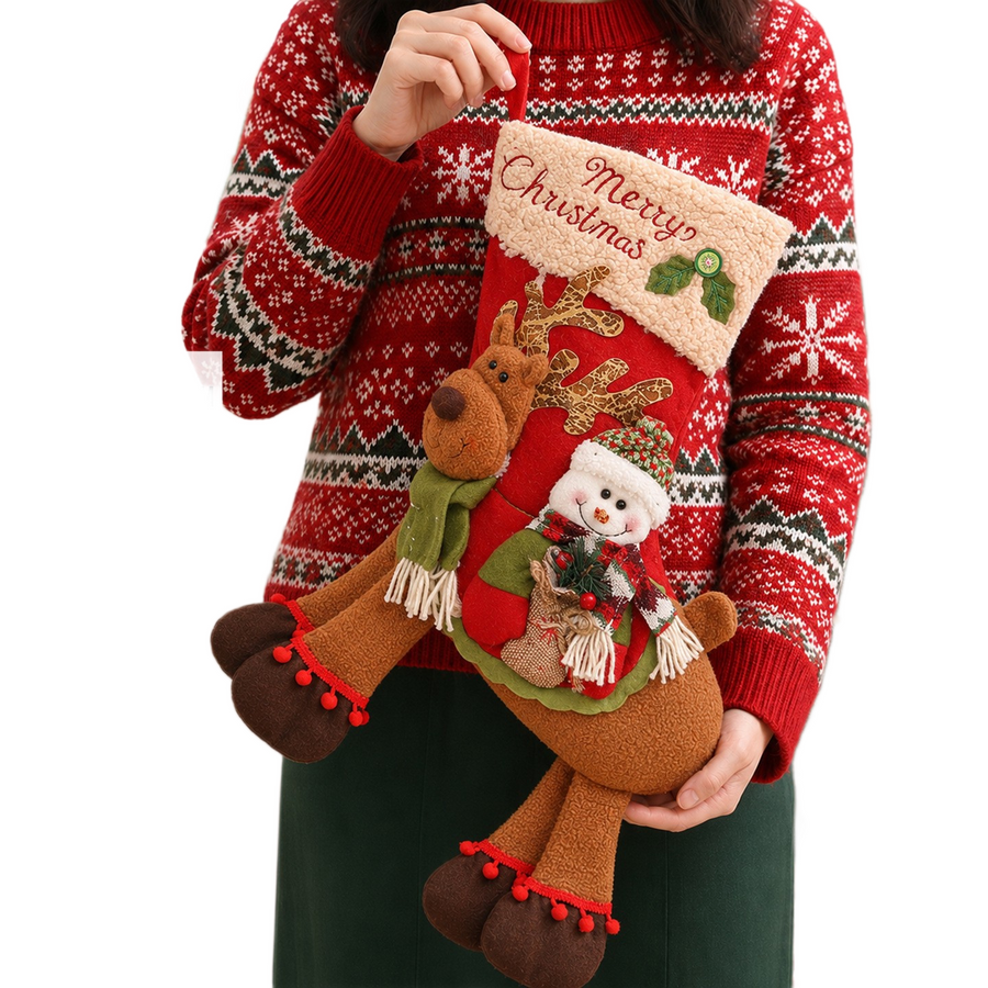Snowman-riding-a-deer Christmas stocking - Large Plush  Hanging Gift Bag, Festive Fireplace Mantel Decor and Holiday Party Ornament