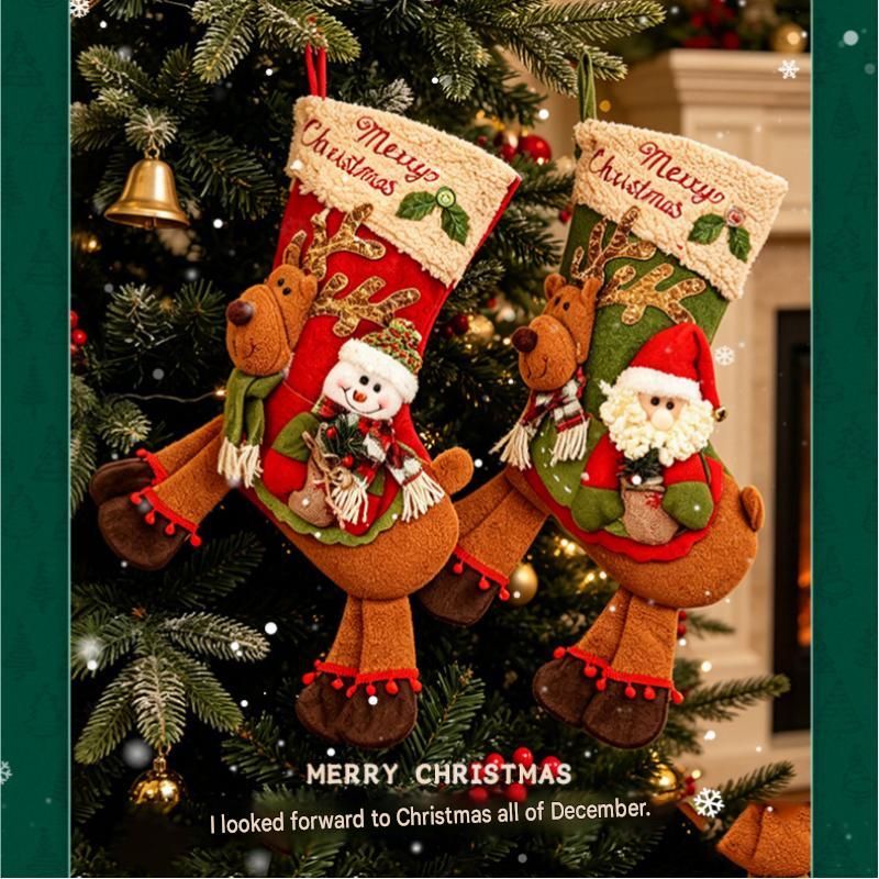 Snowman-riding-a-deer Christmas stocking - Large Plush  Hanging Gift Bag, Festive Fireplace Mantel Decor and Holiday Party Ornament