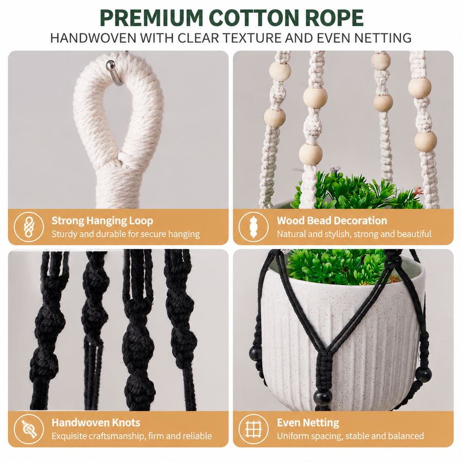 2 Pack Macrame Plant Hanger (Brown)- 90cm Cotton Rope Hanging Planter Basket with Beads, Boho Home Decor for Indoor Outdoor Plants