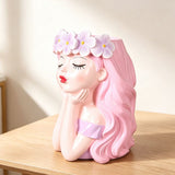 Girl Resin Planter Pot - 17 cm Decorative Flower Crown Face Planter, Creative Succulent Plant Pot for Home, Garden, Balcony and Desktop Decor - 45-Degree Angle