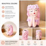 Girl Resin Planter Pot - 17 cm Decorative Flower Crown Face Planter, Creative Succulent Plant Pot for Home, Garden, Balcony and Desktop Decor - Rear View