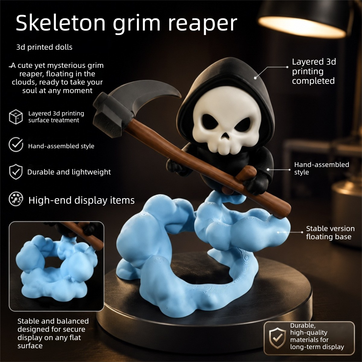 Cute Grim Reaper Figurine - 3D Printed Skeleton Display Model with Scythe and Floating Cloud Base, Halloween Desk Decor and Novelty Gift