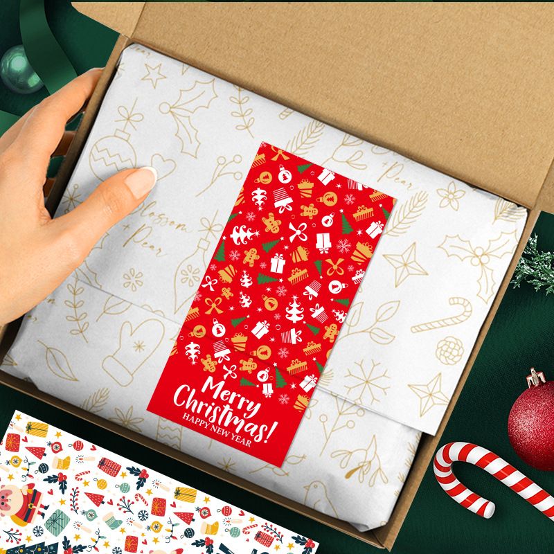 (Style 2) 50 Sheet Christmas Gift Sealing Sticker Set with 100 Stickers - 100 x 50 mm Rectangular Holiday Labels for Gift Boxes, Wrapping, Packaging and Envelopes