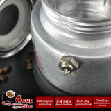 Electric 4-Cup High Pressure Moka Espresso Maker - Stylish Aluminum Cafeteria Coffee Pot - Low Angle