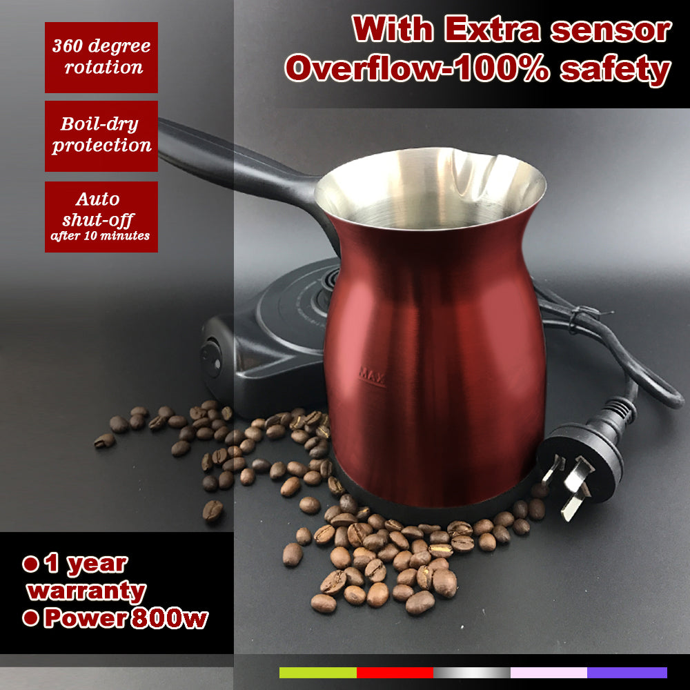 Automatic Red Electric Coffee Maker for Turkish, Greek, and Arabic Coffee with Anti-Overflow Sensor