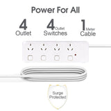 4 Outlet Power Board With Surge Protection with Individual Switches 1M Lead Cable - Front View