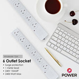 6 Outlet Power Board With Surge Protection 1M Lead Cable - Side View