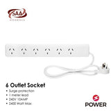 6 Outlet Power Board With Surge Protection 1M Lead Cable - Top-Down View