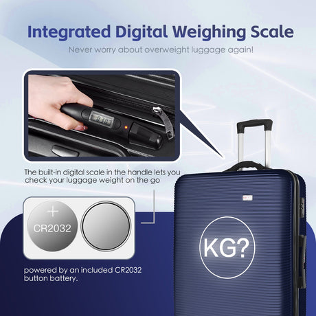 24" Digital Weighing Scale and USB Charging Port Lightweight Luggage Suitcase Silver Blue, image 2