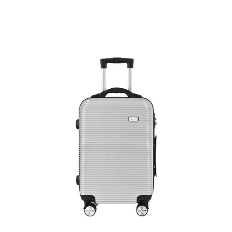 20 inch silver carry-on suitcase with digital scale and USB port