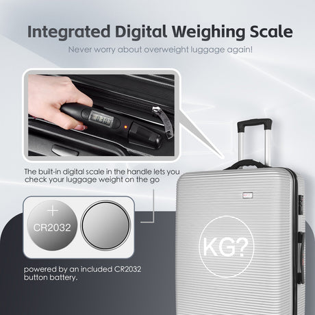 3 pcs 20"/24"/28" Digital Weighing Scale and USB Charging Port Lightweight Luggage Suitcase Silver, image 2