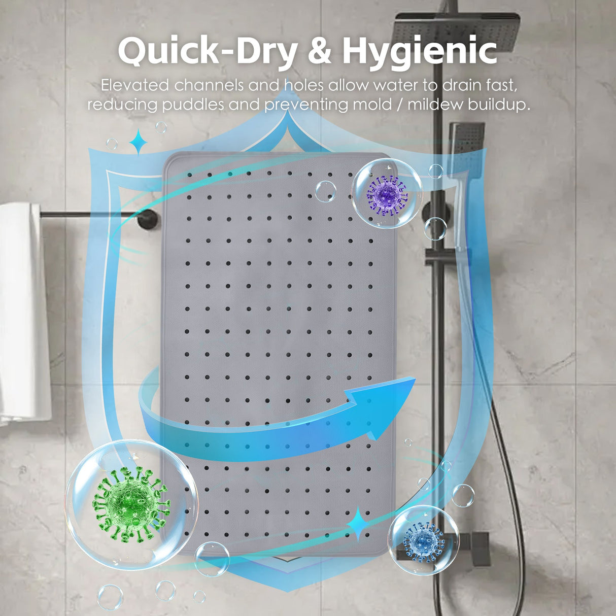 2Pack 70×40 cm Anti‑Slip Grip Shower Mat Quick‑Dry Bath Mat with 100+ Suction Cups
