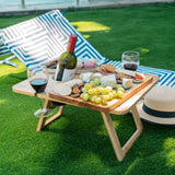 Bamboo Foldable Picnic Table Tray with Wine and Glass Holders - Front View