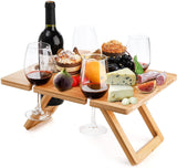 Bamboo Foldable Picnic Table Tray with Wine and Glass Holders - Side View