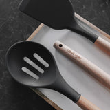 Beechwood & silicone slotted spoon charcoal - Side View