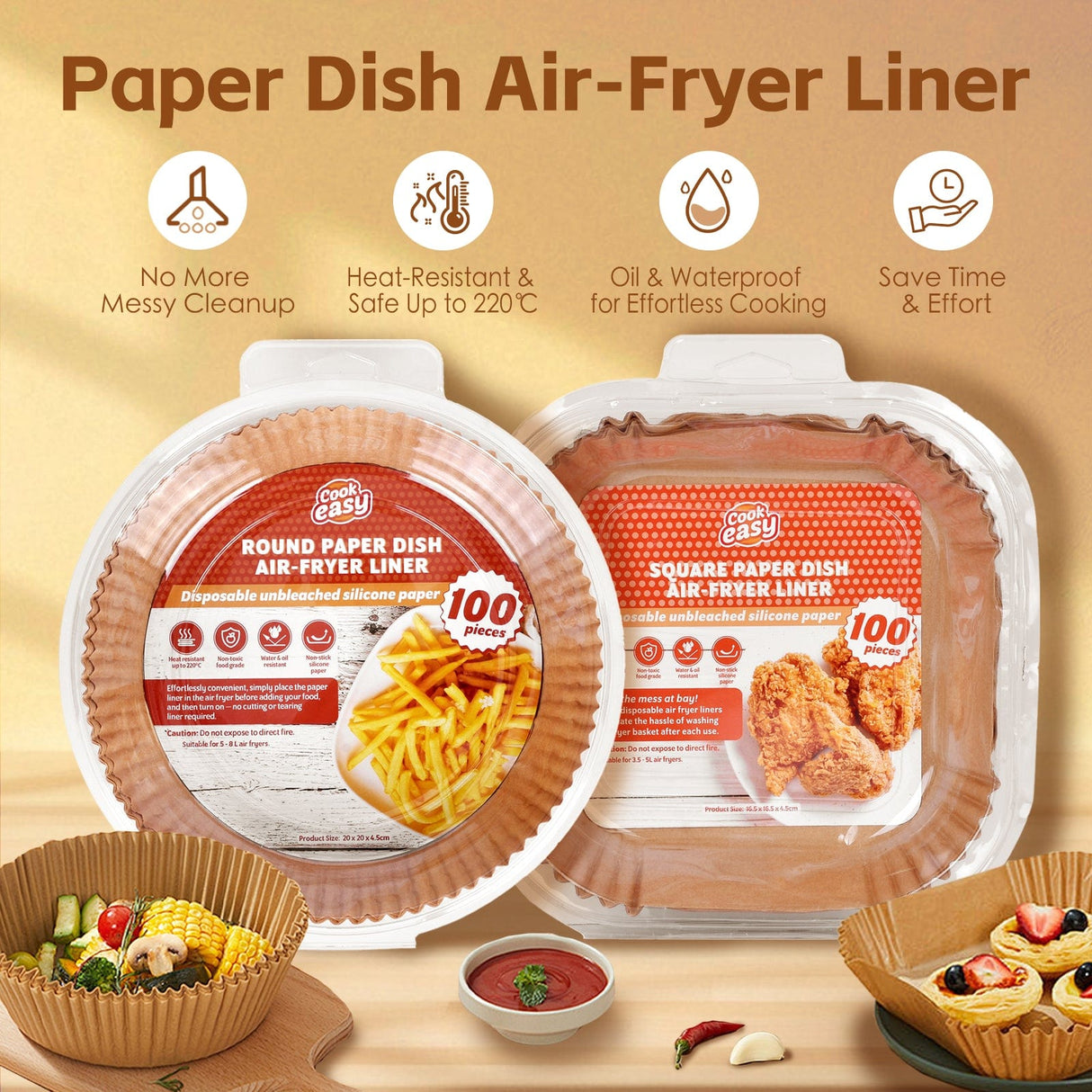 100 Pcs 16.5cm Square Disposable Unbleached Silicone Paper Dish Air-fryer Liner