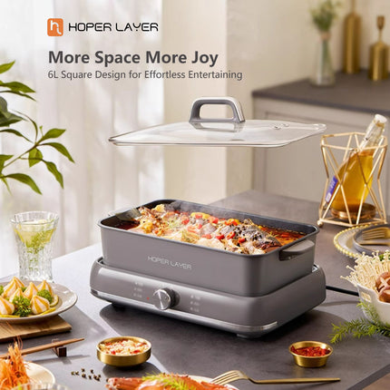 HOPER LAYER Electric Hot Pot 6L ??Multifunctional Nonstick Cooker with Grill, Boil, Simmer & Fry Modes 2000W Power, Square Removable Pot