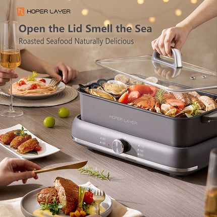 HOPER LAYER Electric Hot Pot 6L ??Multifunctional Nonstick Cooker with Grill, Boil, Simmer & Fry Modes 2000W Power, Square Removable Pot